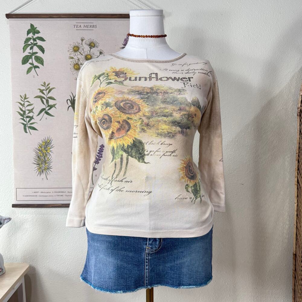 90s Y2k Sunflower All Over Print Bling Rhinestone 3/4 Sleeve Top Fairy Grunge M